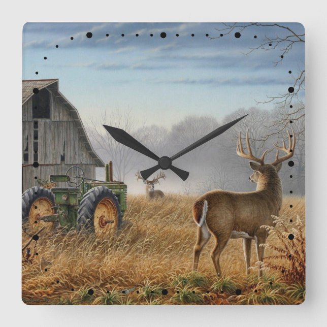 Big Buck  Deer Showdown On The Farm Square Wall Clock (Front)