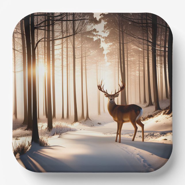 Big Buck In Winter Forest Paper Plates (Front)