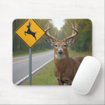 Big Buck Posing By a Deer Crossing Sign Mouse Pad<br><div class="desc">A big buck deer stands beside a road,  next to a yellow sign warning of deer crossing</div>