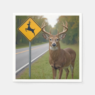 Big Buck Posing By a Deer Crossing Sign Napkins