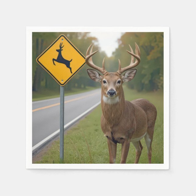 Big Buck Posing By a Deer Crossing Sign Napkins (Front)