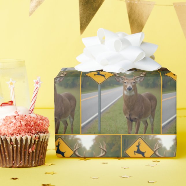 Big Buck Posing By a Deer Crossing Sign Wrapping Paper (Birthday Party)