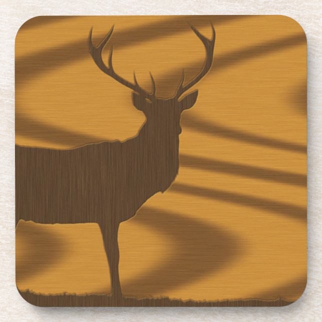 Big Buck Silhouette in Wood Drink Coaster (Front)
