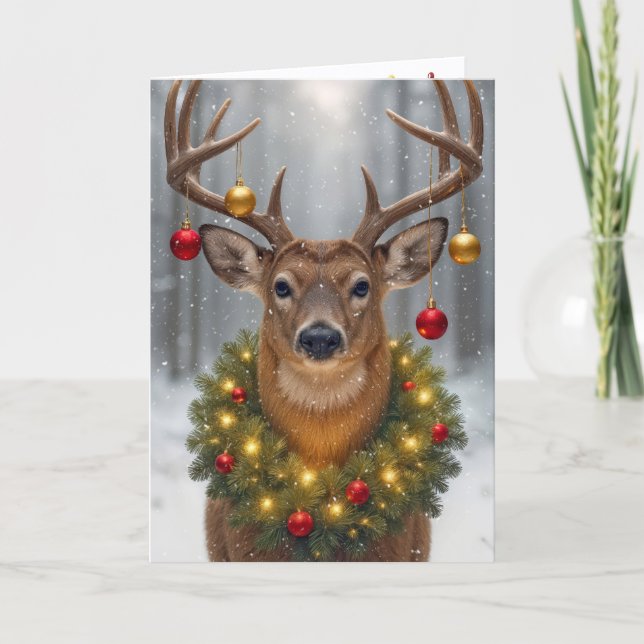 Big Buck Wearing a Glowing Christmas Wreath Card (Front)