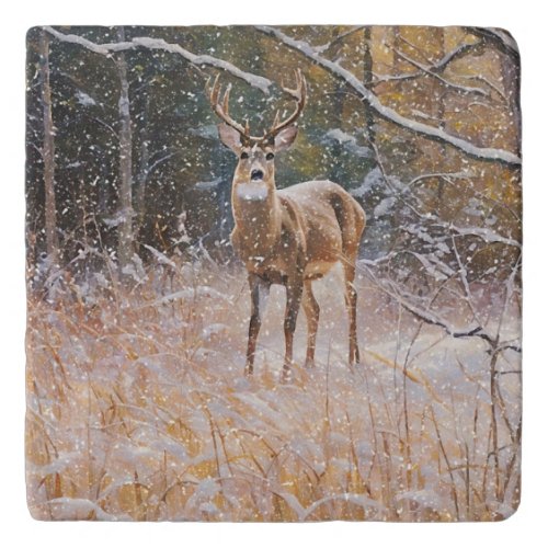 Big Buck Wild Deer Winter Forest Art Trivet