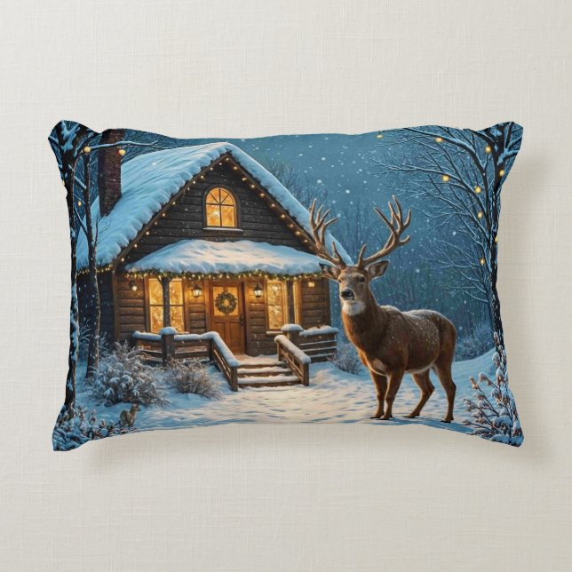  Big Buck's Snowy Christmas Visit Accent Pillow (Front)