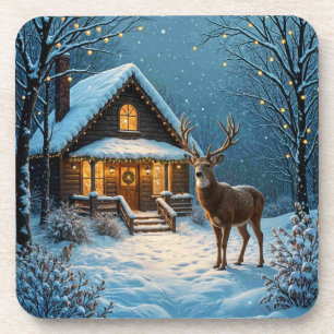 Big Buck's Snowy Christmas Visit Beverage Coaster