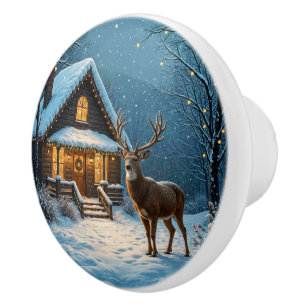 Big Buck's Snowy Christmas Visit Ceramic Knob