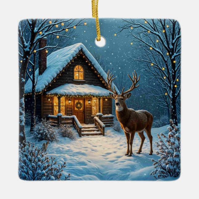  Big Buck's Snowy Christmas Visit Ceramic Ornament (Front)
