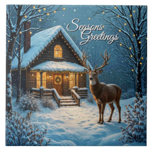 Big Buck's Snowy Christmas Visit Ceramic Tile