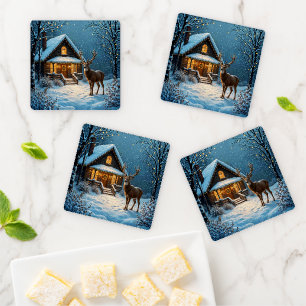 Big Buck's Snowy Christmas Visit Coaster Set