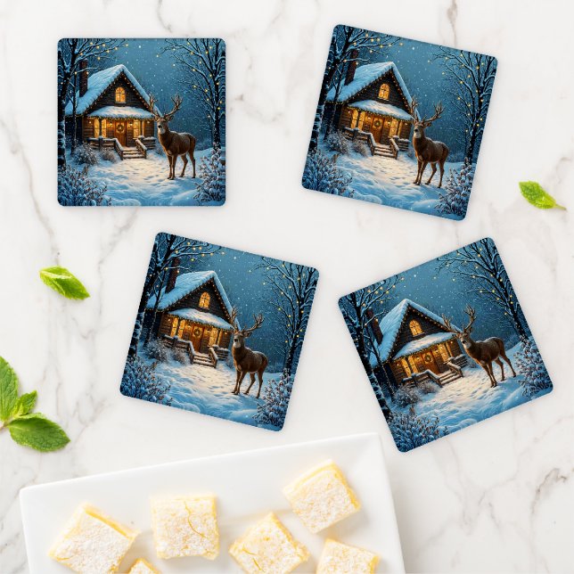  Big Buck's Snowy Christmas Visit Coaster Set (In Situ)