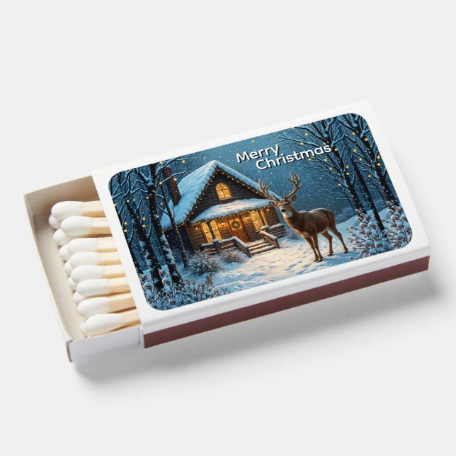  Big Buck's Snowy Christmas Visit Custom Text Matchboxes (Front Open)