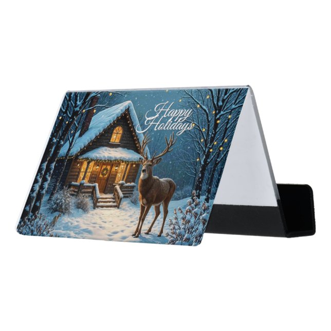  Big Buck's Snowy Christmas Visit Desk Business Card Holder (Angled Back)