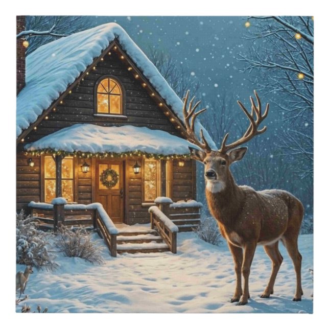  Big Buck's Snowy Christmas Visit Faux Canvas Print (Front)