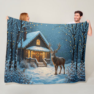Big Buck's Snowy Christmas Visit Fleece Blanket