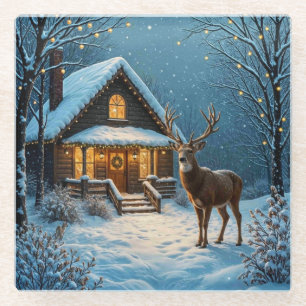 Big Buck's Snowy Christmas Visit Glass Coaster