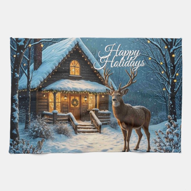  Big Buck's Snowy Christmas Visit Kitchen Towel (Horizontal)