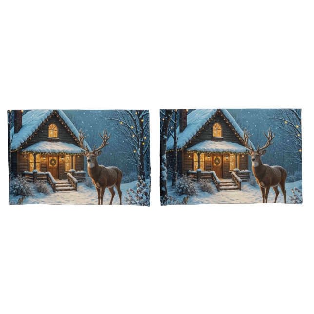  Big Buck's Snowy Christmas Visit Pillow Case (Front-Set)