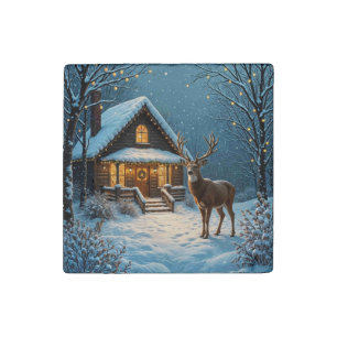  Big Buck's Snowy Christmas Visit Stone Magnet