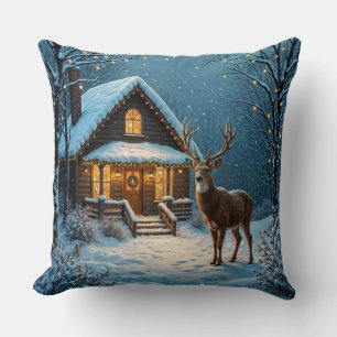 Big Buck's Snowy Christmas Visit Throw Pillow