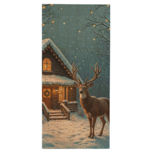 Big Buck's Snowy Christmas Visit Wood Flash Drive