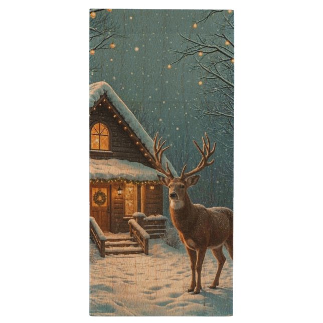  Big Buck's Snowy Christmas Visit Wood Flash Drive (Back (Vertical))