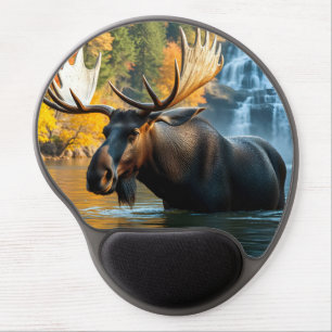 Big Bull Moose In Autumn Leaves And Waterfalls Gel Mouse Pad