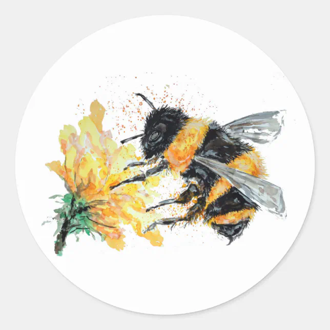 Pollen Sticker Big Bumble Bee collecting Pollen Classic Round Sticker | Zazzle