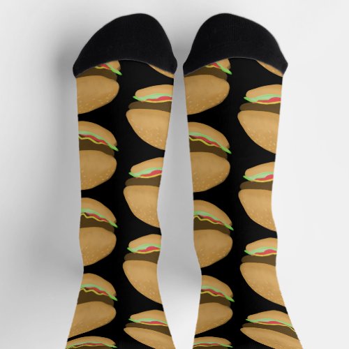 Big Burgers Hamburgers Fun Food Pattern Black Socks