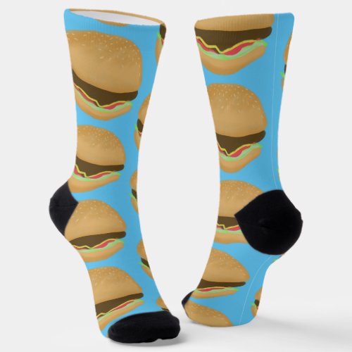 Big Burgers Hamburgers Fun Food Pattern Blue Socks