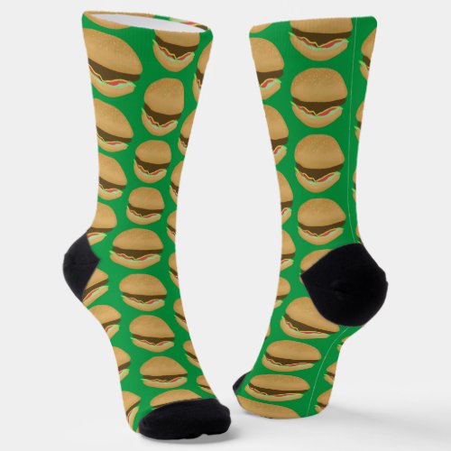 Big Burgers Hamburgers Fun Food Pattern Green Socks