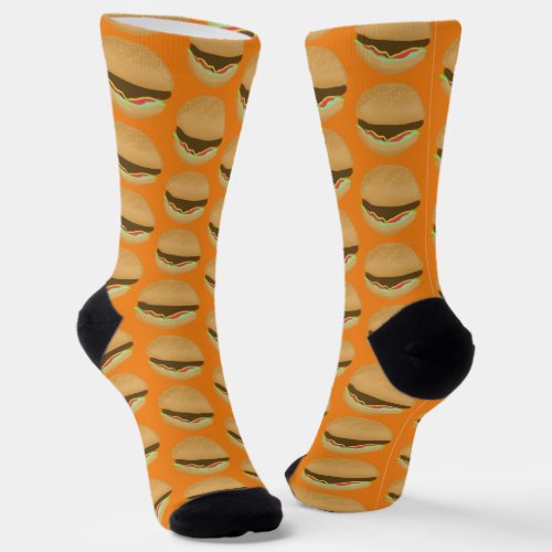 Big Burgers Hamburgers Fun Food Pattern Orange Socks