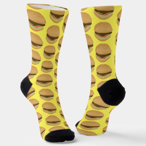 Big Burgers Hamburgers Fun Food Pattern Yellow Socks