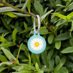 Big Cartoon Daisy Flower With Custom Info Pet ID Tag<br><div class="desc">Cute cartoon illustration of a daisy flower on a blue background color. On the other side there are customizable text areas for the name of the pet and for a phone number.</div>