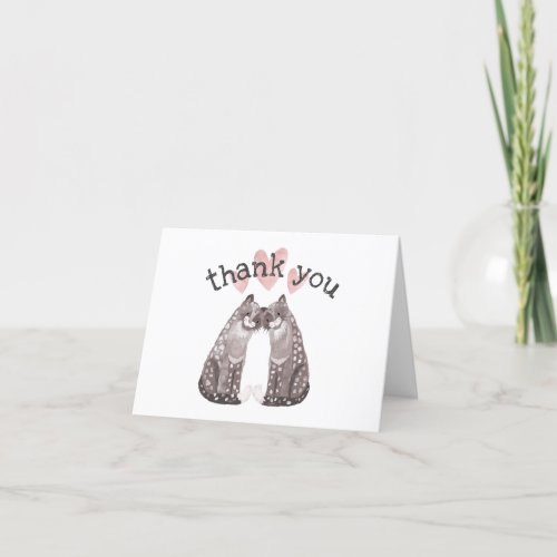 Big Cats Snuggle with Hearts Pink and Gray Thank You Card
