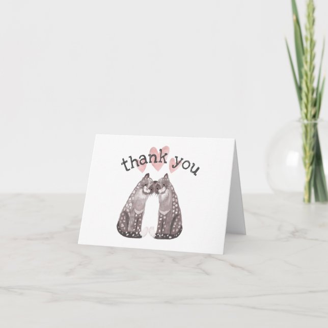 Big Cats Snuggle with Hearts Pink and Gray Thank You Card (Front)