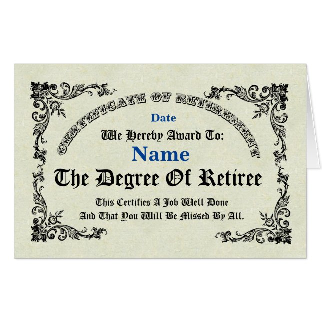 Big Certificate of Retirement Greeting Card (Front Horizontal)