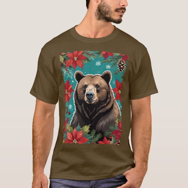 Big Christmas Brown Bear With Poinsettias T-Shirt (Front)