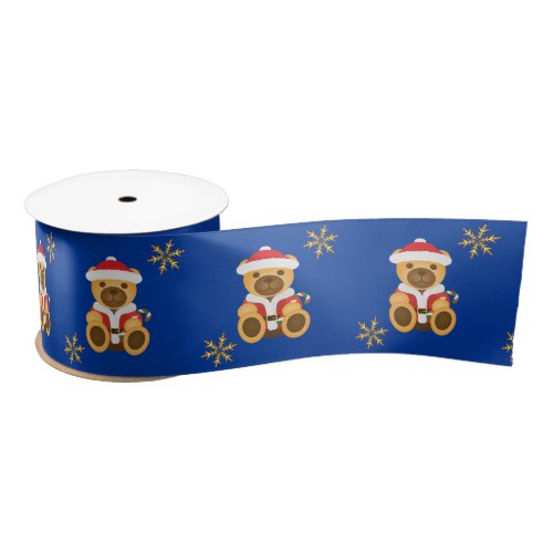 Big Christmas Teddy Bears  Gold Glitter Stars Satin Ribbon