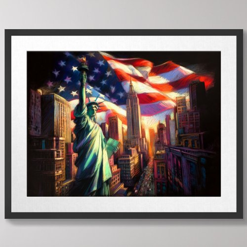 Big City Patriotic USA Flag Statue Liberty America Poster