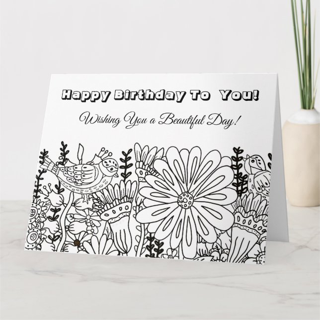 Big Color Me Birthday Card Whimsical Birds Flowers (Front)