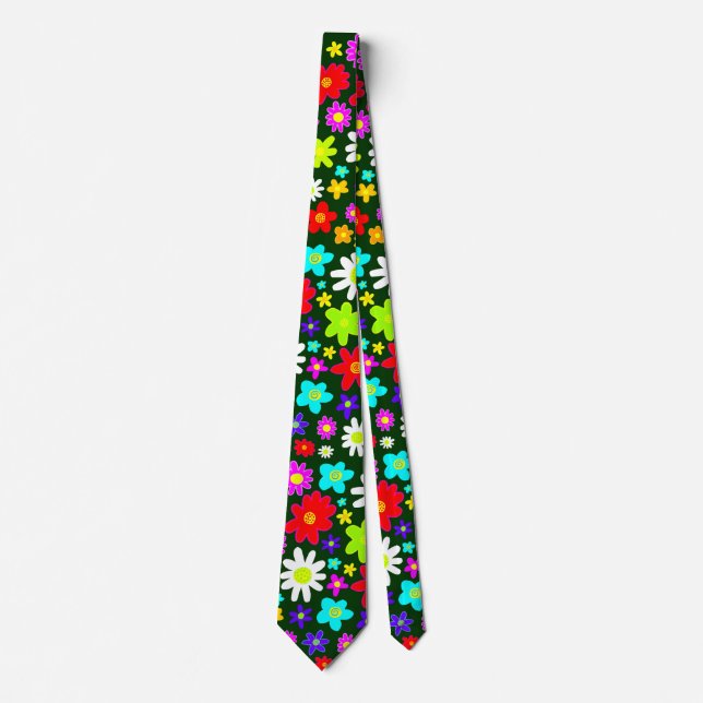 Big Colorful Flowers II - Dark Green Neck Tie (Front)