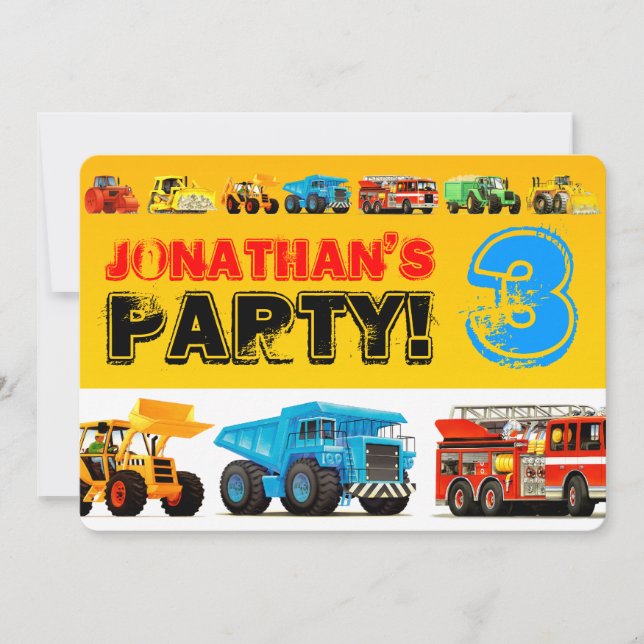Big Construction Truck 3rd Boy's Birthday Party Invitation (Front)
