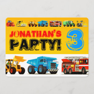 Big Construction Truck 3rd Boy's Birthday Party Invitation