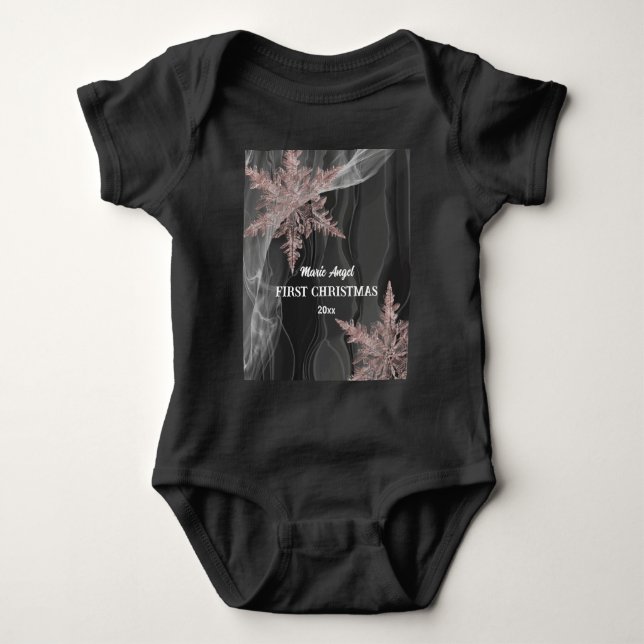 Big Copper Snowflakes & Black Silk 1st Christmas  Baby Bodysuit (Front)