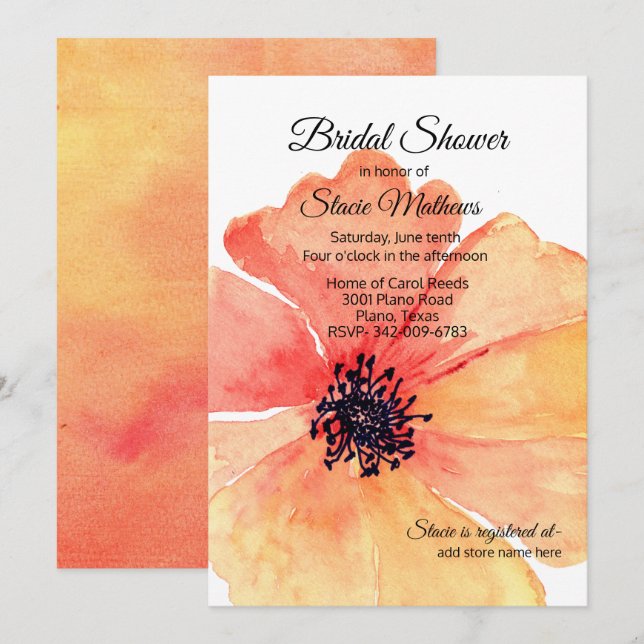 Big Coral Poppy Bridal Shower Invitation (Front/Back)