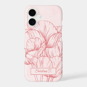 Big Coral Tulips Line Drawing on Pink with Name iPhone 17 Case