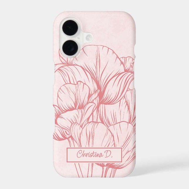 Big Coral Tulips Line Drawing on Pink with Name iPhone Case (Back)