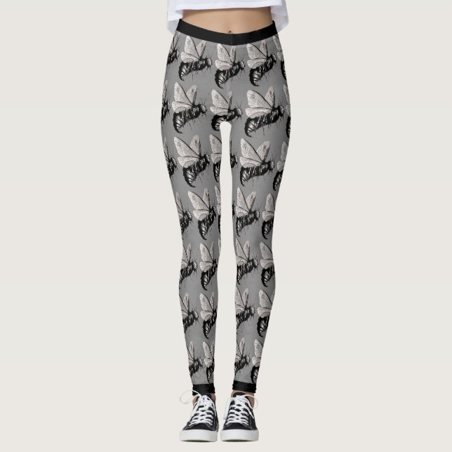 Big Creepy Black White Bees Skulls on Wings Leggings (Front)